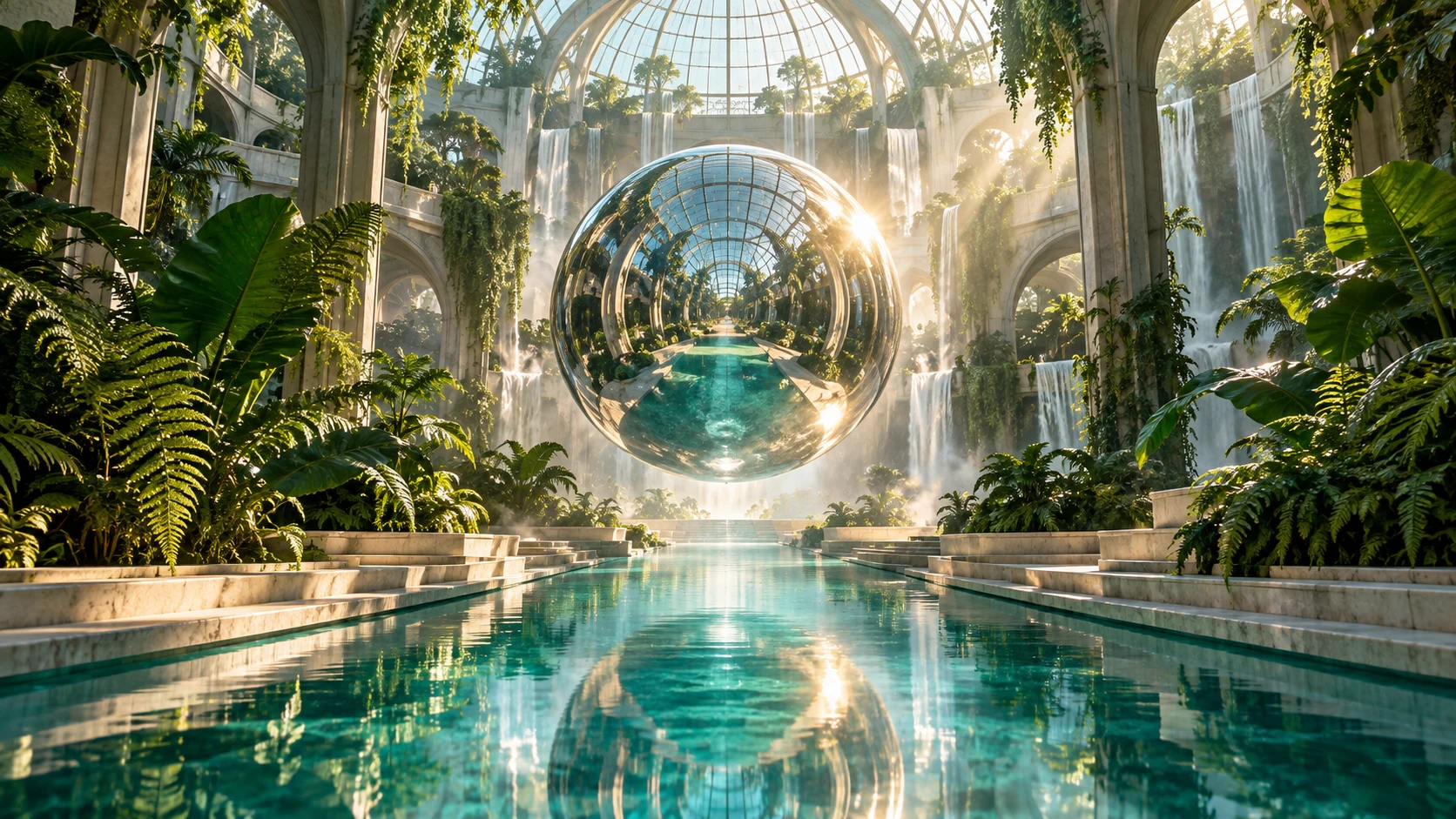 Cinematic AI concept: a chrome sphere above a reflecting pool in a tropical greenhouse
