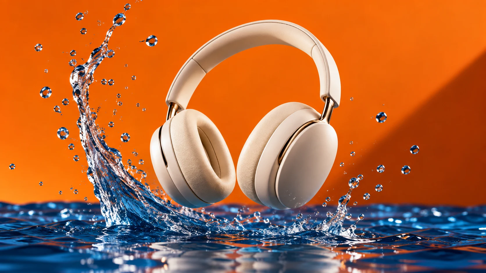 AI product-shoot concept with cream headphones, blue water and an orange background