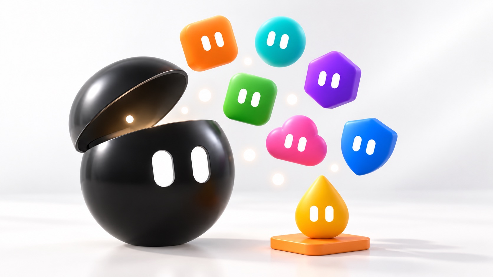 Lesson 3: the black bot's lid lifted like a hood, the coloured bots floating out