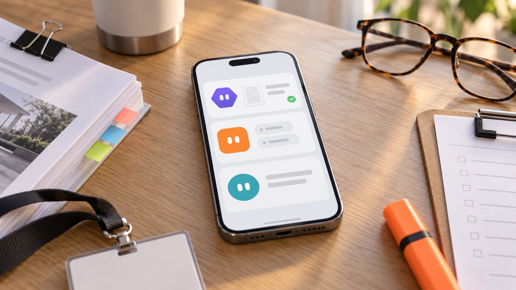 A phone on a work desk between invoices, keys and a calculator, three bots each with a task card