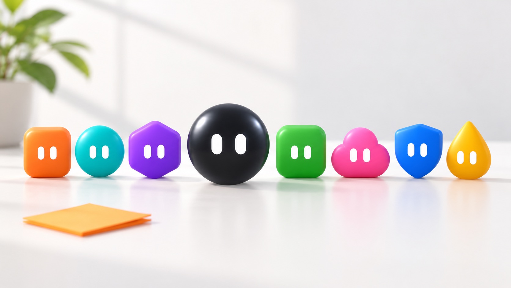 The bot family: the black one in the middle, seven coloured teammates around it